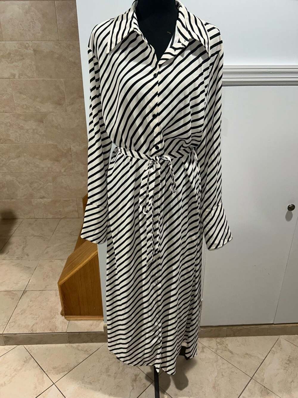 H&M Women's Black and White Striped Long Sleeve Button-Down Midi Shirt Dress